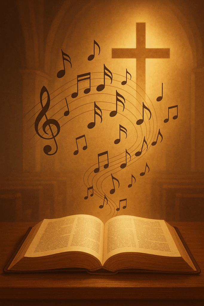 An open Bible resting on a wooden surface in a softly lit church interior, from which flowing musical notes rise upward toward a glowing cross in the background, evoking the idea of worship expressed through Scripture and song.