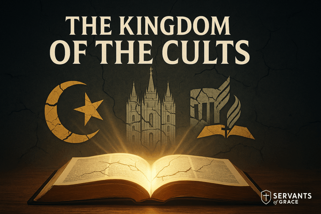 An open Bible shining light over the broken symbols of Islam, Mormonism, Jehovah’s Witnesses, and other cults, symbolizing truth exposing falsehood.