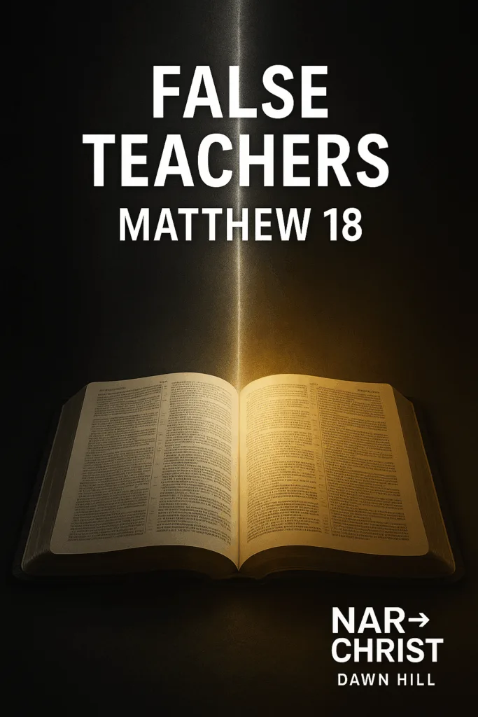 An open Bible illuminated by a vertical beam of light dividing darkness, symbolizing truth vs error. Text reads: ‘False Teachers & Matthew 18.’ Branding shows NAR to Christ with Dawn Hill.