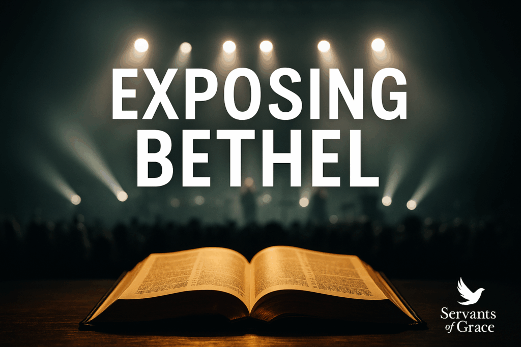 An open Bible glowing in front of a dark concert stage, with bright lights fading into shadow, symbolizing God’s Word exposing Bethel’s teachings.