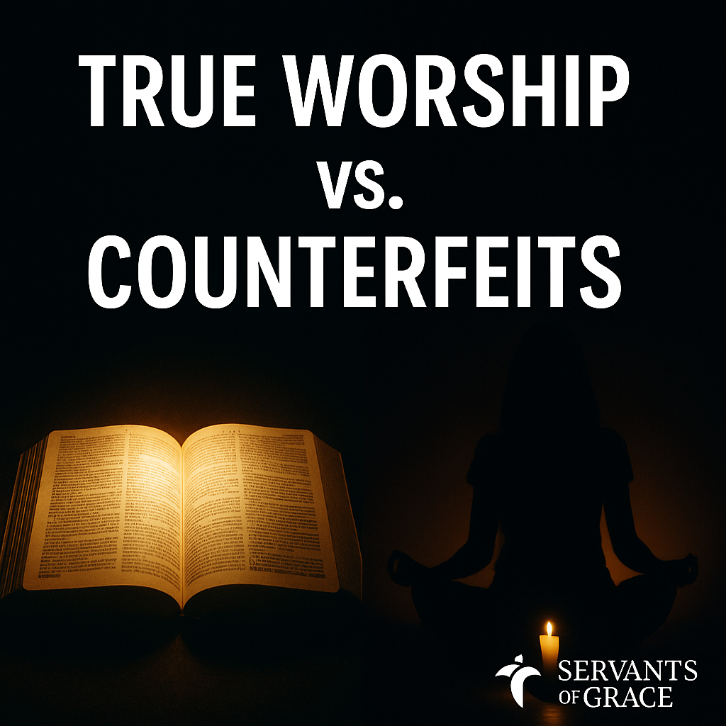 A glowing open Bible on the left contrasts with a shadowy figure meditating by candlelight on the right, symbolizing true worship versus counterfeit mysticism, with the words ‘True Worship vs. Counterfeits’ above and the Servants of Grace logo at the bottom