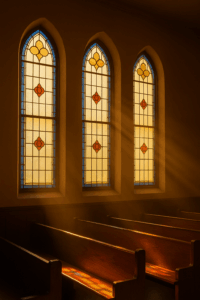Sunlight streaming through three stained-glass windows in a church, casting warm light across wooden pews, symbolizing the welcome and glory of God.