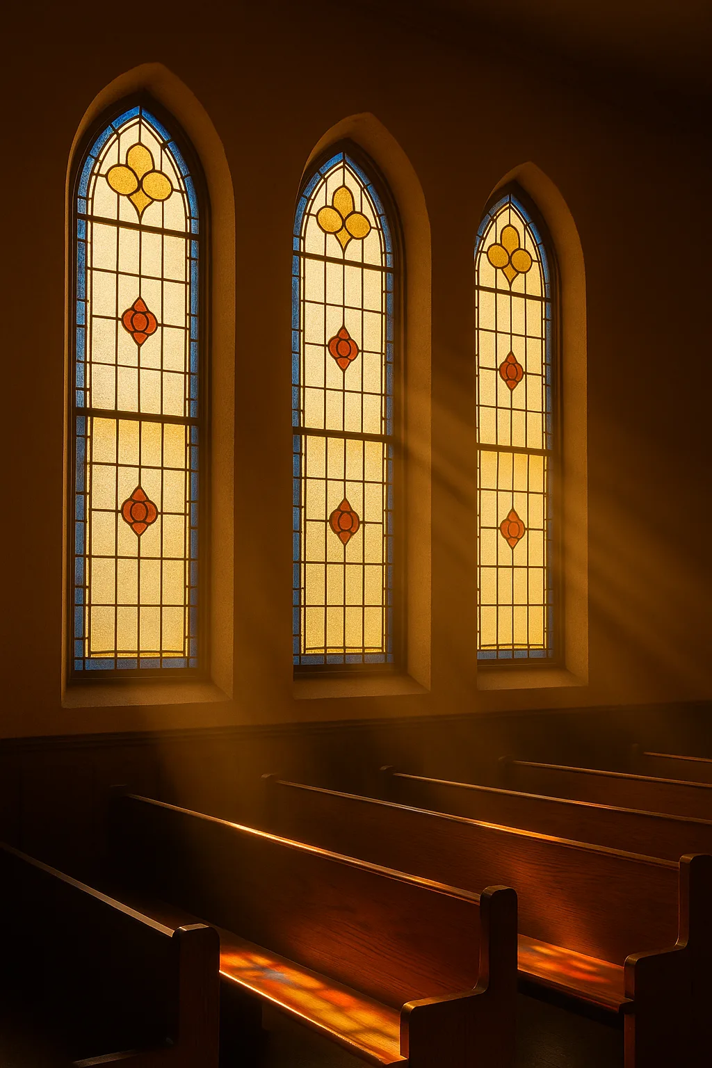 Sunlight streaming through three stained-glass windows in a church, casting warm light across wooden pews, symbolizing the welcome and glory of God.
