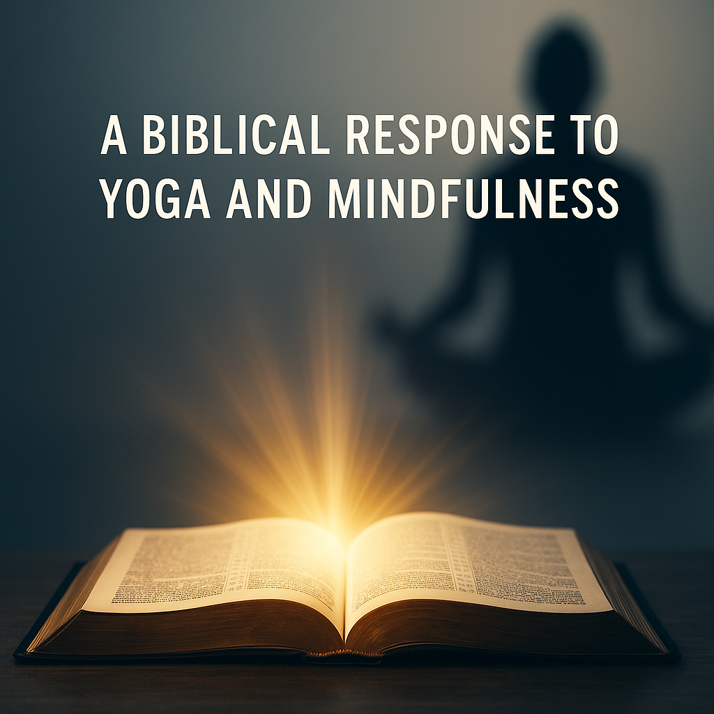 An open Bible glowing with radiant golden light on a wooden table, contrasted with a blurred shadowy figure in meditation in the background, symbolizing God’s Word shining over false practices.