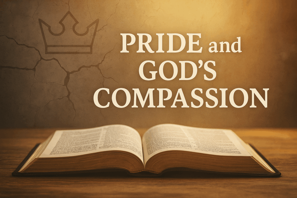 An open Bible with a crown and broken wall imagery, symbolizing Amaziah’s pride, Judah’s defeat, and God’s enduring compassion in 2 Kings 14.