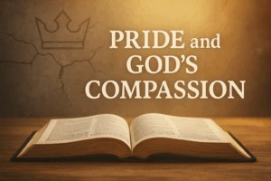 An open Bible with a crown and broken wall imagery, symbolizing Amaziah’s pride, Judah’s defeat, and God’s enduring compassion in 2 Kings 14.
