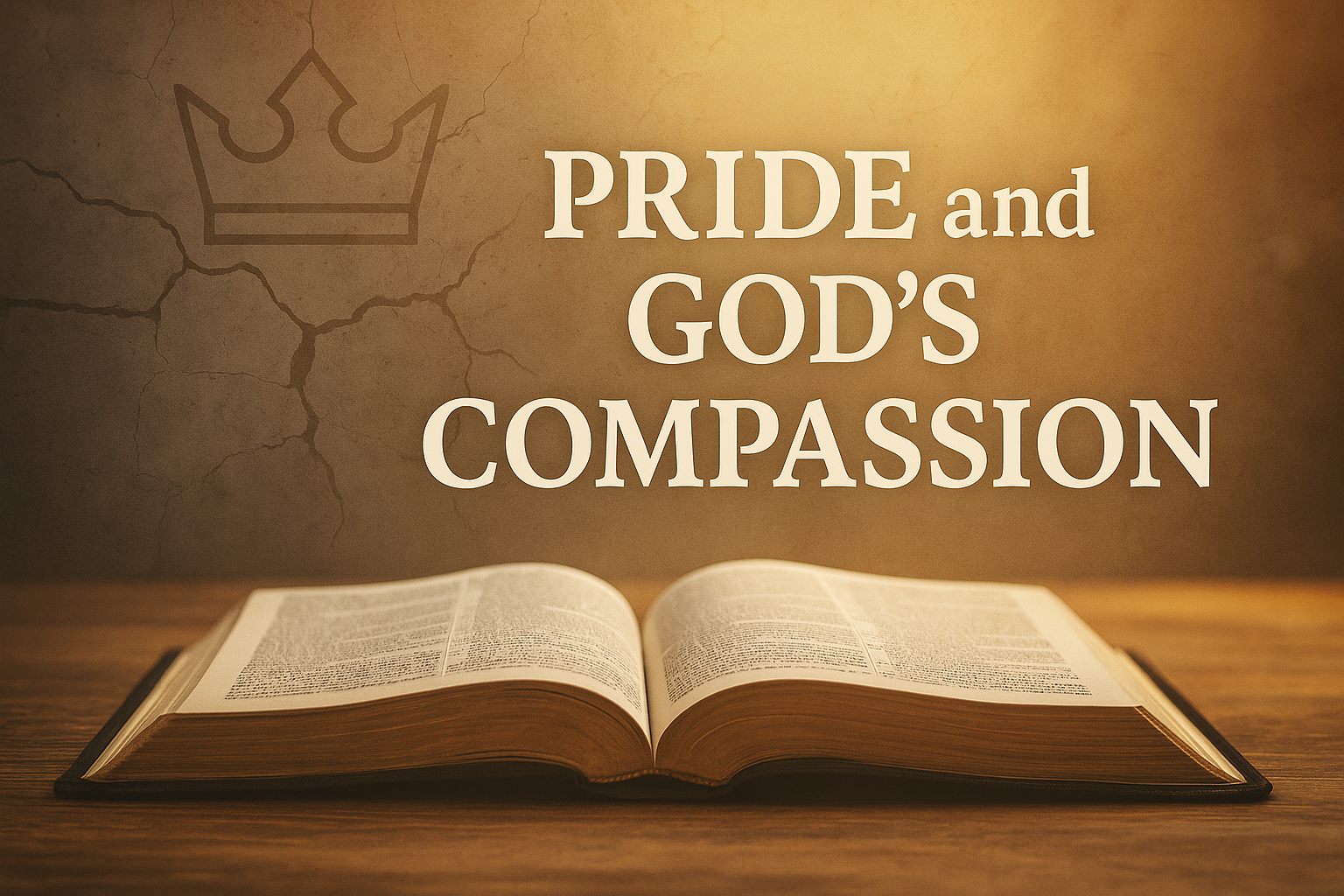 An open Bible with a crown and broken wall imagery, symbolizing Amaziah’s pride, Judah’s defeat, and God’s enduring compassion in 2 Kings 14.