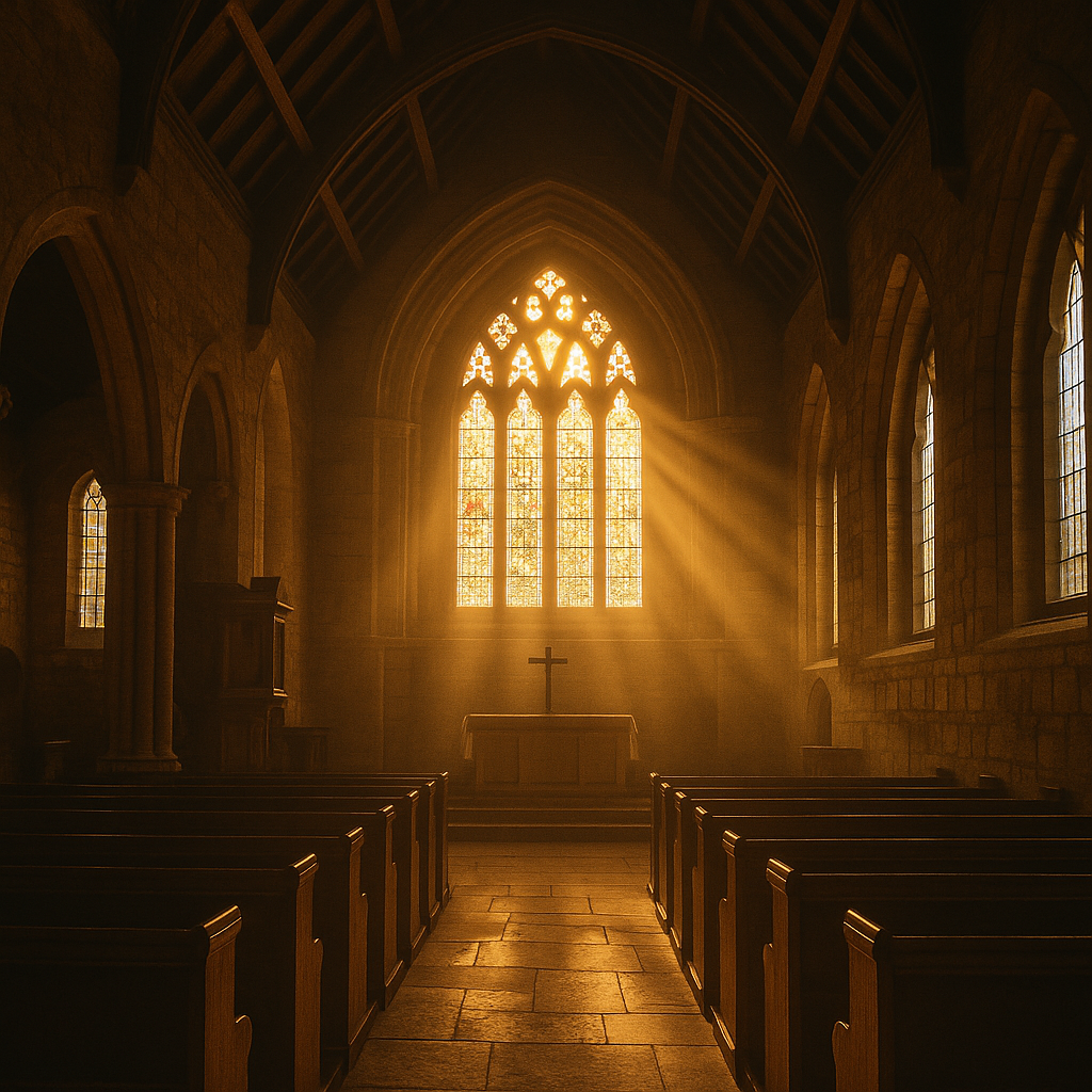 Light streaming through stained glass windows inside a historic church, illuminating the cross and sanctuary, symbolizing God’s design for His church and discipline as light and truth.