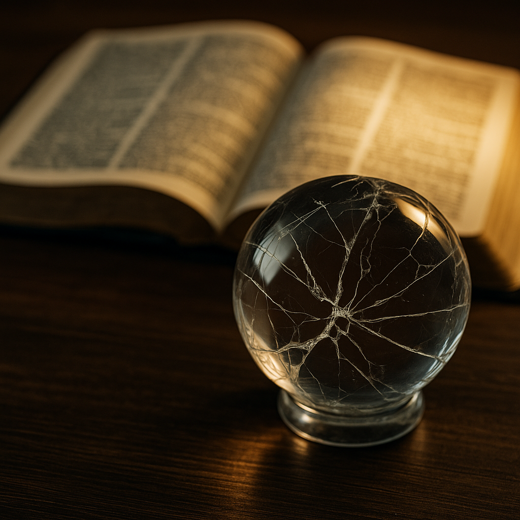 A shattered crystal ball in the foreground with an open Bible glowing in the background, symbolizing God’s Word exposing and overcoming New Age deception.