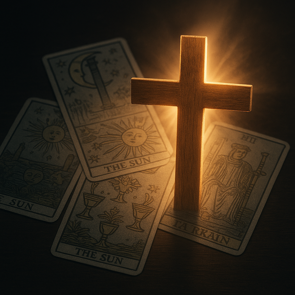 A wooden cross glowing with light placed over tarot-style cards on a dark table, symbolizing the victory of God’s Word over occult deception.