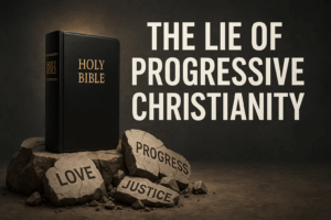 Bible standing firm on solid rock as cultural slogans ‘love,’ ‘justice,’ and ‘progress’ crumble around it, symbolizing God’s Word against Progressive Christianity.