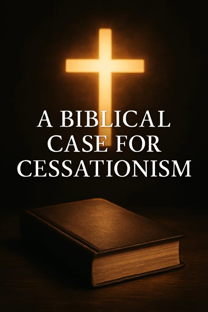 Closed Bible with a glowing cross behind it, symbolizing the sufficiency of Scripture and the biblical case for cessationism.