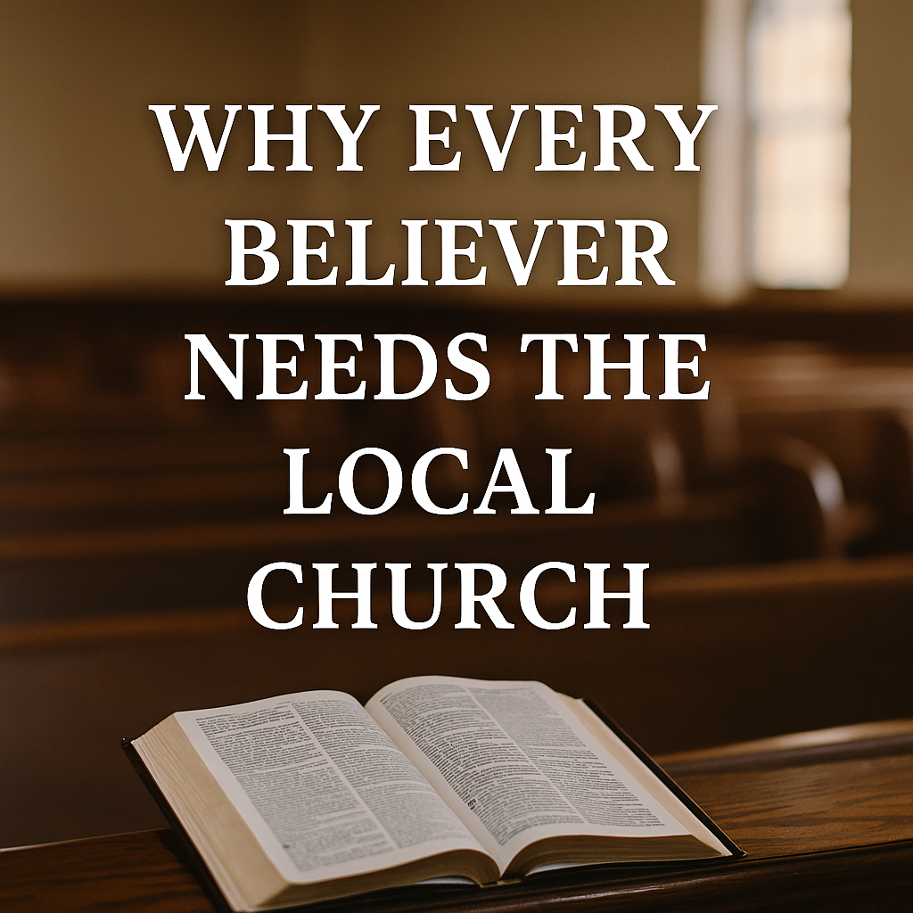 Open Bible resting on a wooden church pew with warm light shining through a window, overlay text reads “Why Every Believer Needs the Local Church