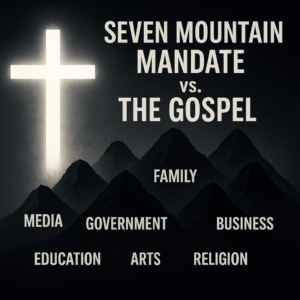 A glowing white cross shines over seven dark mountain icons labeled Media, Government, Family, Business, Education, Arts, and Religion, symbolizing the gospel overshadowing the Seven Mountain Mandate