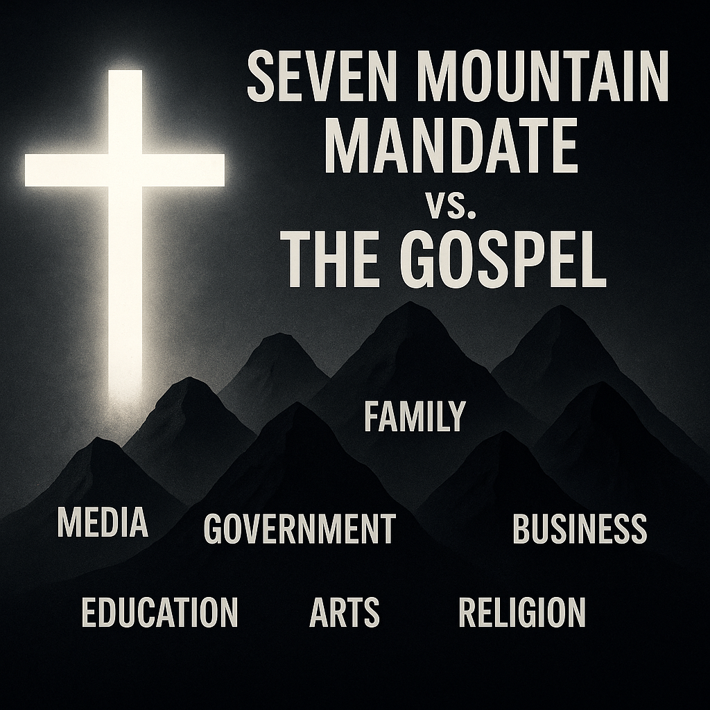 A glowing white cross shines over seven dark mountain icons labeled Media, Government, Family, Business, Education, Arts, and Religion, symbolizing the gospel overshadowing the Seven Mountain Mandate