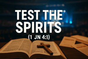 Open Bible with wooden cross in foreground, blurred arena stage and donation envelopes in background, symbolizing biblical testing of Benny Hinn’s teachings with the words ‘Test the Spirits (1 John 4:1).