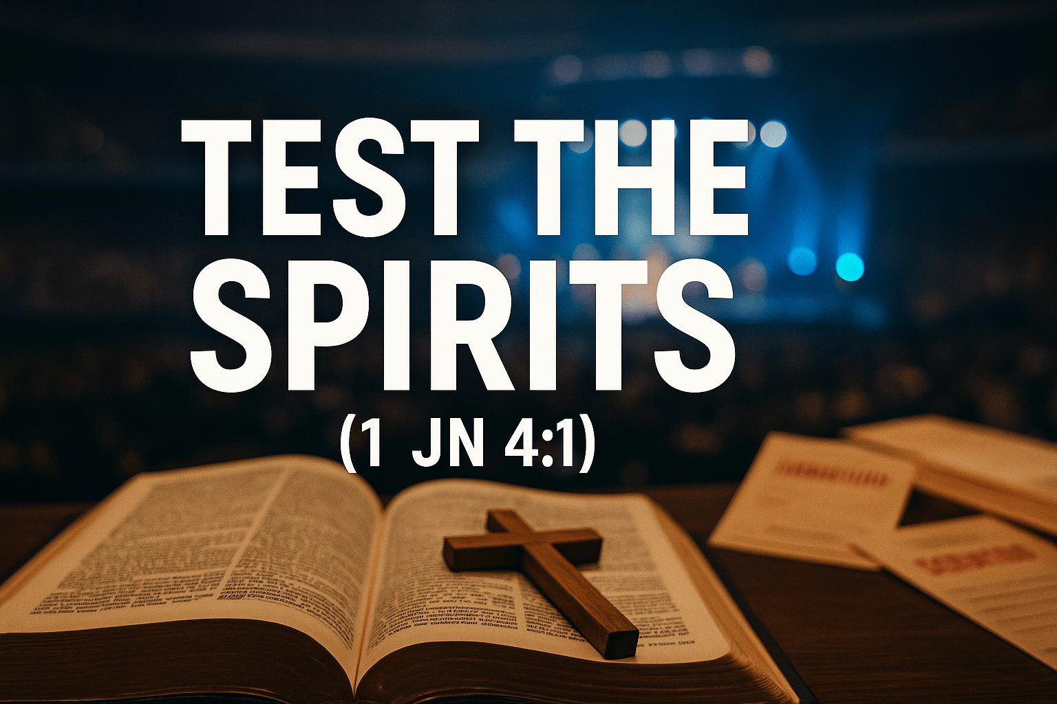 Open Bible with wooden cross in foreground, blurred arena stage and donation envelopes in background, symbolizing biblical testing of Benny Hinn’s teachings with the words ‘Test the Spirits (1 John 4:1).