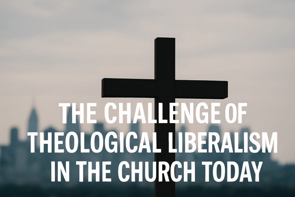 A wooden cross stands in the foreground with a blurred modern city skyline behind it, overlaid with the title text ‘The Challenge of Theological Liberalism in the Church Today.