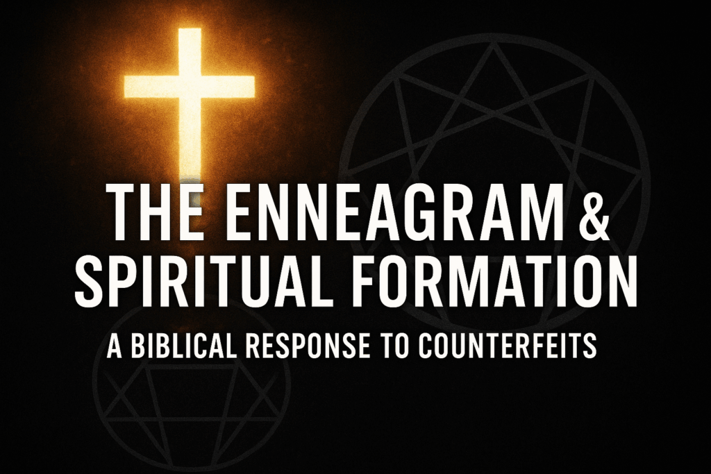 Glowing golden cross standing over a dark enneagram diagram with bold overlay text: ‘The Enneagram & Spiritual Formation – A Biblical Response to Counterfeits,’ symbolizing Christ’s truth exposing counterfeit spirituality