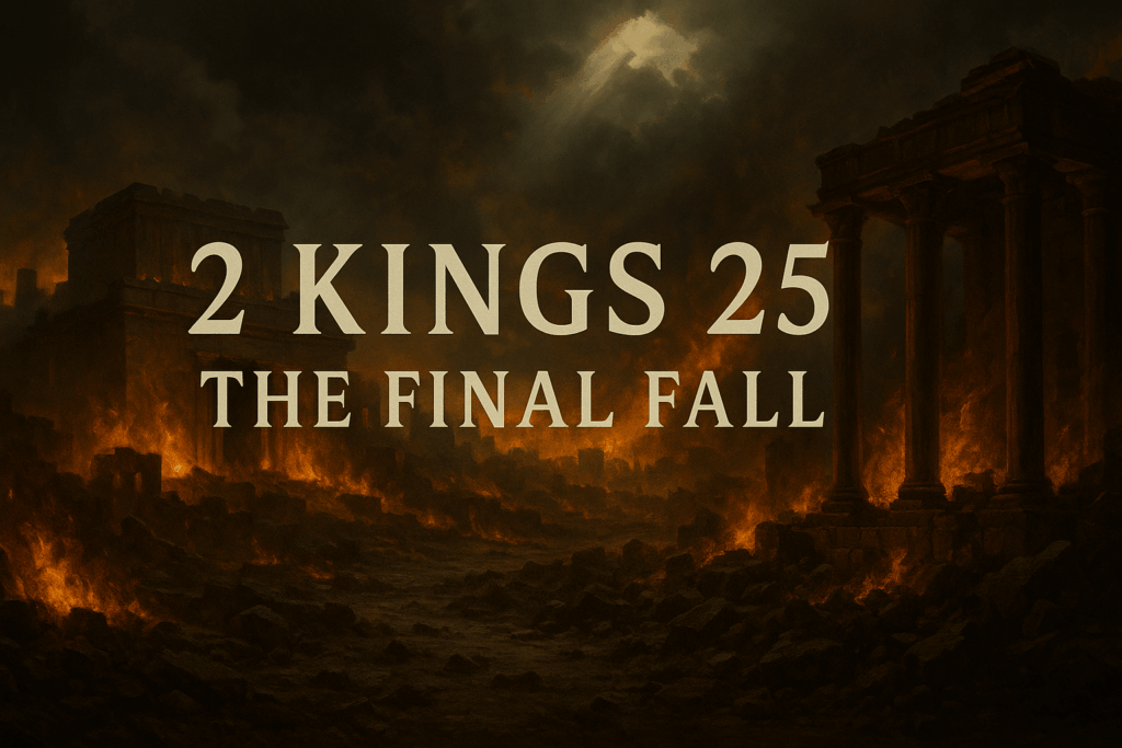 Digital painting of burning ruins of Jerusalem with the destroyed temple, smoke rising, and a faint beam of light from heaven, symbolizing the fall of Jerusalem in 2 Kings 25 and God’s enduring promises.