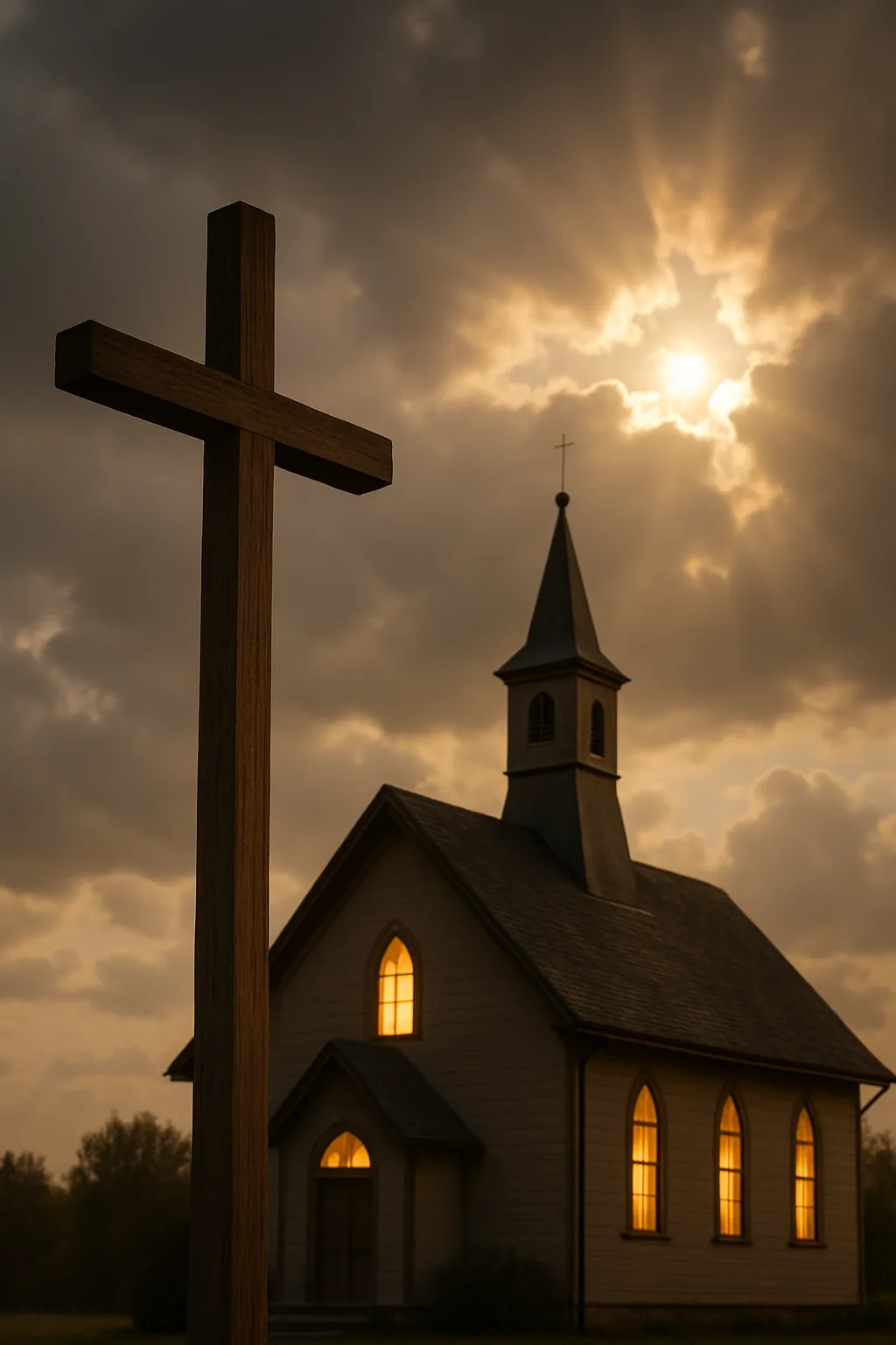 Wooden cross standing before a small church with warm light glowing through its windows and sunlight breaking through the clouds, symbolizing Christ’s love defining the church.