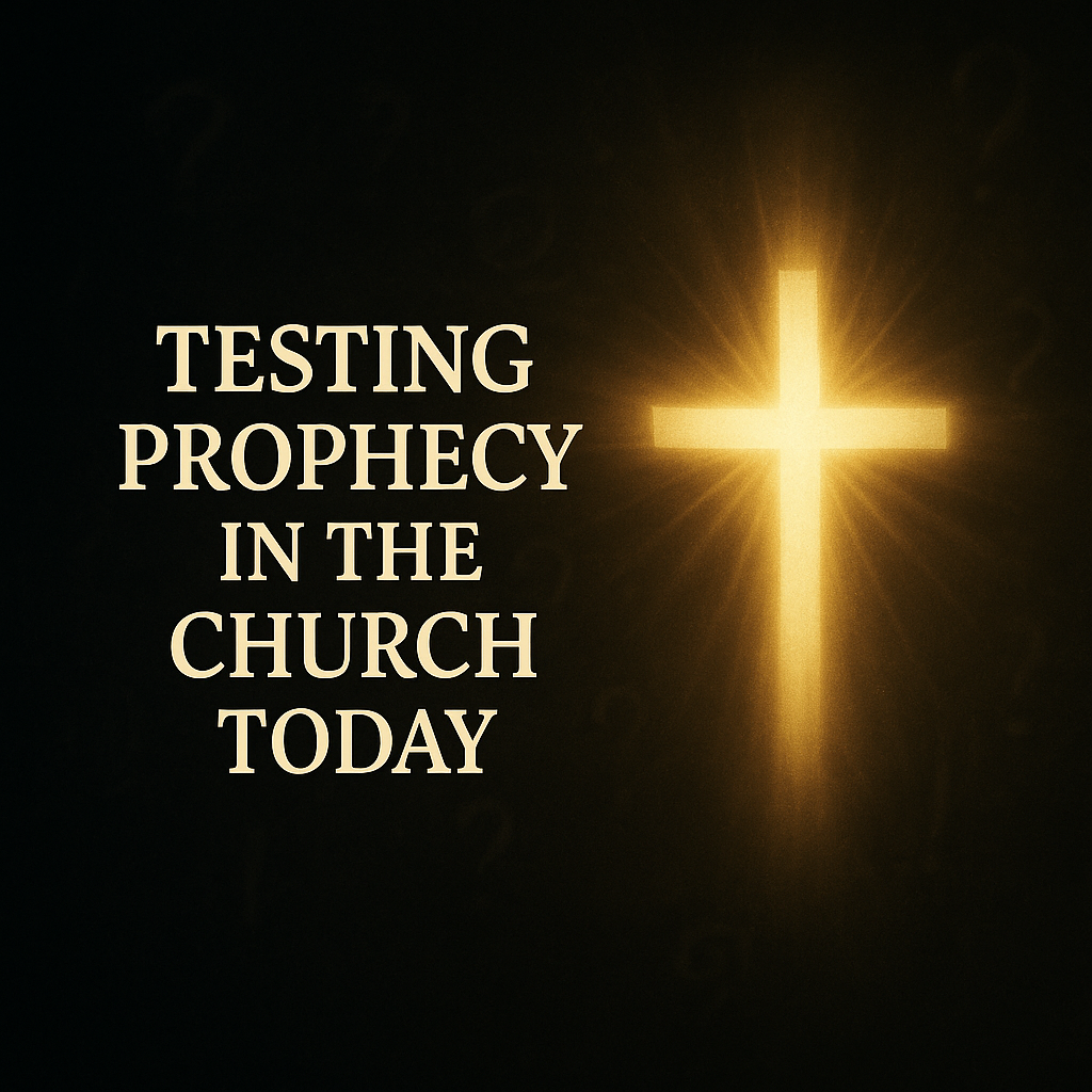 Bright glowing cross with bold text reading ‘Testing Prophecy in the Church Today,’ symbolizing biblical discernment and testing prophecy by the light of Christ.