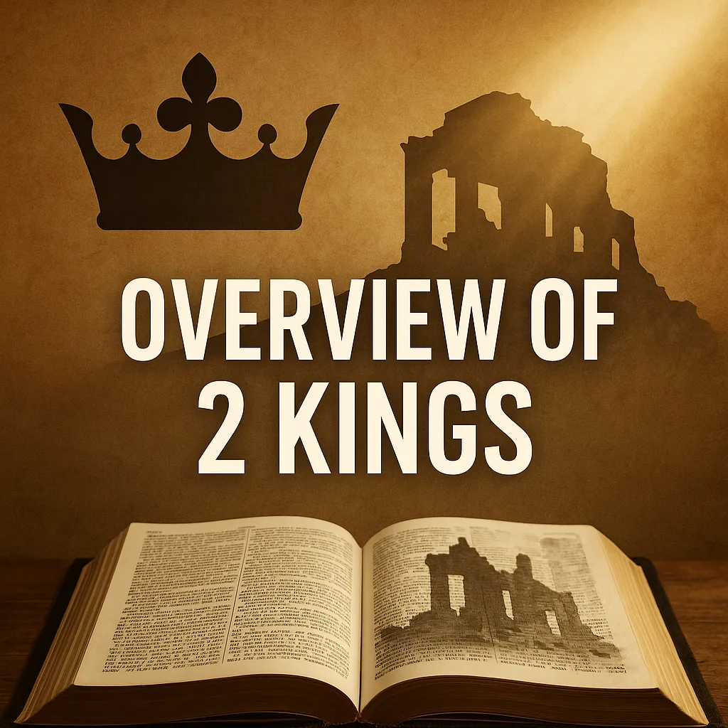 Open Bible with crown and broken temple silhouette, light shining to symbolize God’s faithfulness in judgment — Overview of 2 Kings