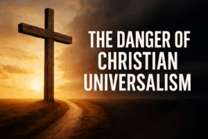 A rugged wooden cross standing on a narrow path leading upward, with a wide road fading into darkness beside it, symbolizing Christ as the only way to salvation in contrast to the false hope of universalism.
