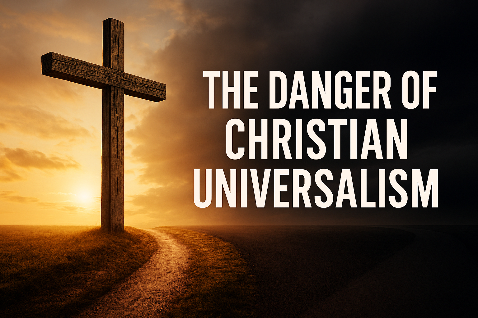A rugged wooden cross standing on a narrow path leading upward, with a wide road fading into darkness beside it, symbolizing Christ as the only way to salvation in contrast to the false hope of universalism.