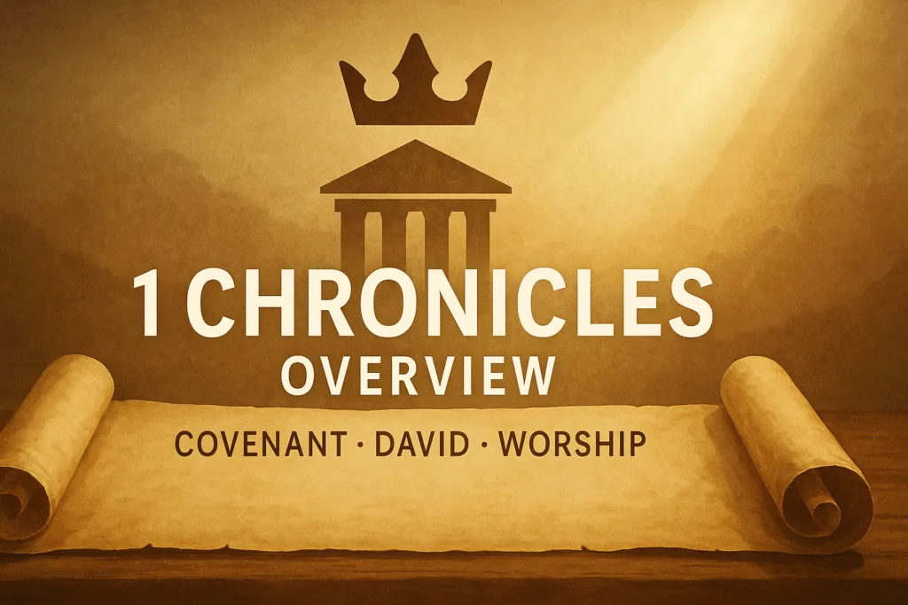 Open scroll with crown and temple silhouette under a light beam, symbolizing the Davidic covenant and worship in 1 Chronicles.