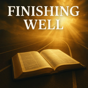 Open Bible with golden light and race imagery, symbolizing finishing the Christian life well.