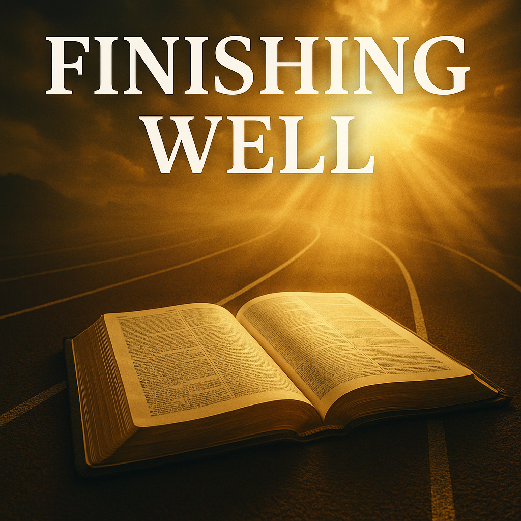 Open Bible with golden light and race imagery, symbolizing finishing the Christian life well.