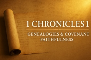 Ancient parchment scroll with golden light and faint Hebrew names, text reads “1 Chronicles 1,” visualizing genealogies from Adam to Abraham and God’s covenant faithfulness for Reading the Bible Daily with Dave.