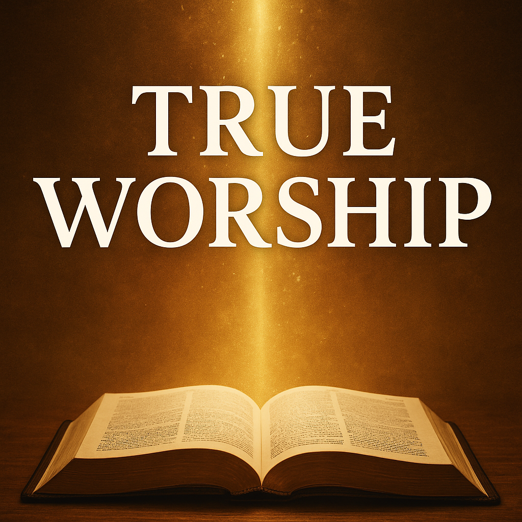 Open Bible with golden light, symbolizing true worship according to God’s Word.