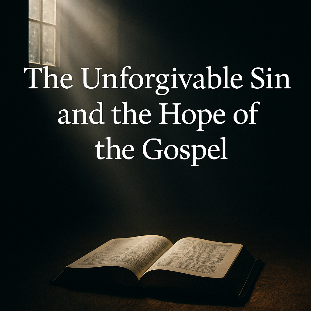 Light shining through darkness onto an open Bible, symbolizing hope in Christ despite fear of the unforgivable sin.