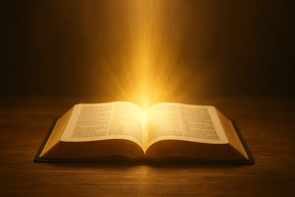 Open Bible resting on a wooden table with golden light shining upward from its pages, symbolizing God’s Word illuminating truth and confirming itself.