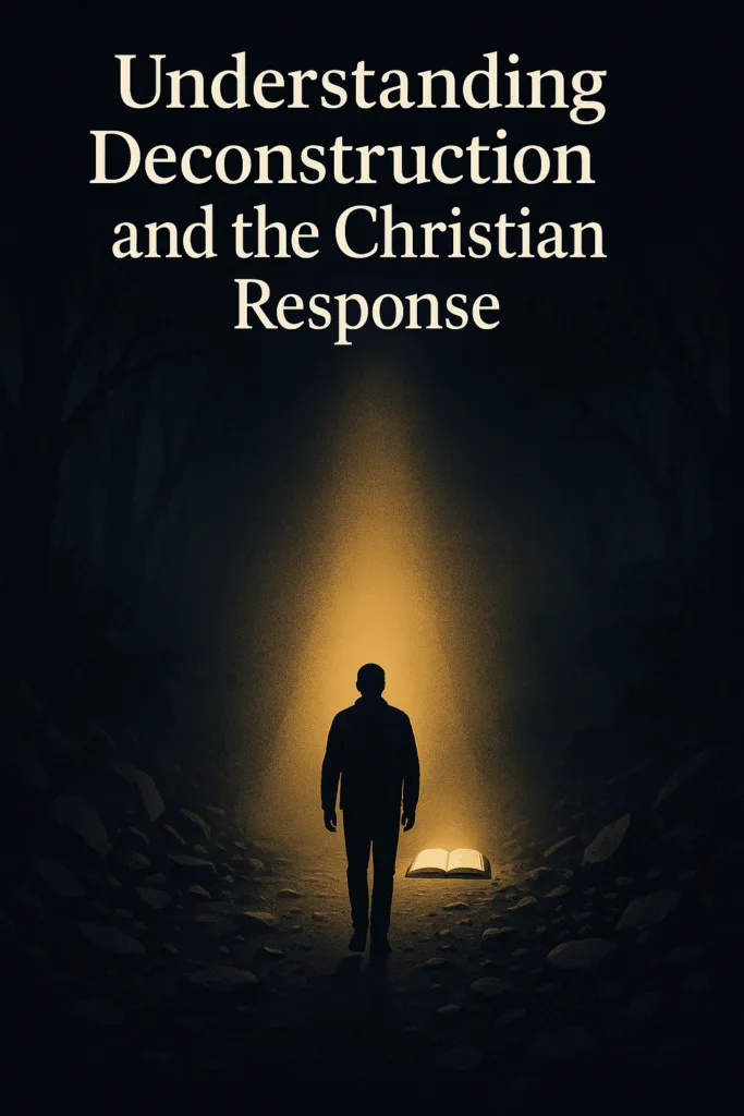 Silhouette of a person walking on a dark path toward an open Bible glowing with golden light, symbolizing hope and truth in Christ through deconstruction and doubt.