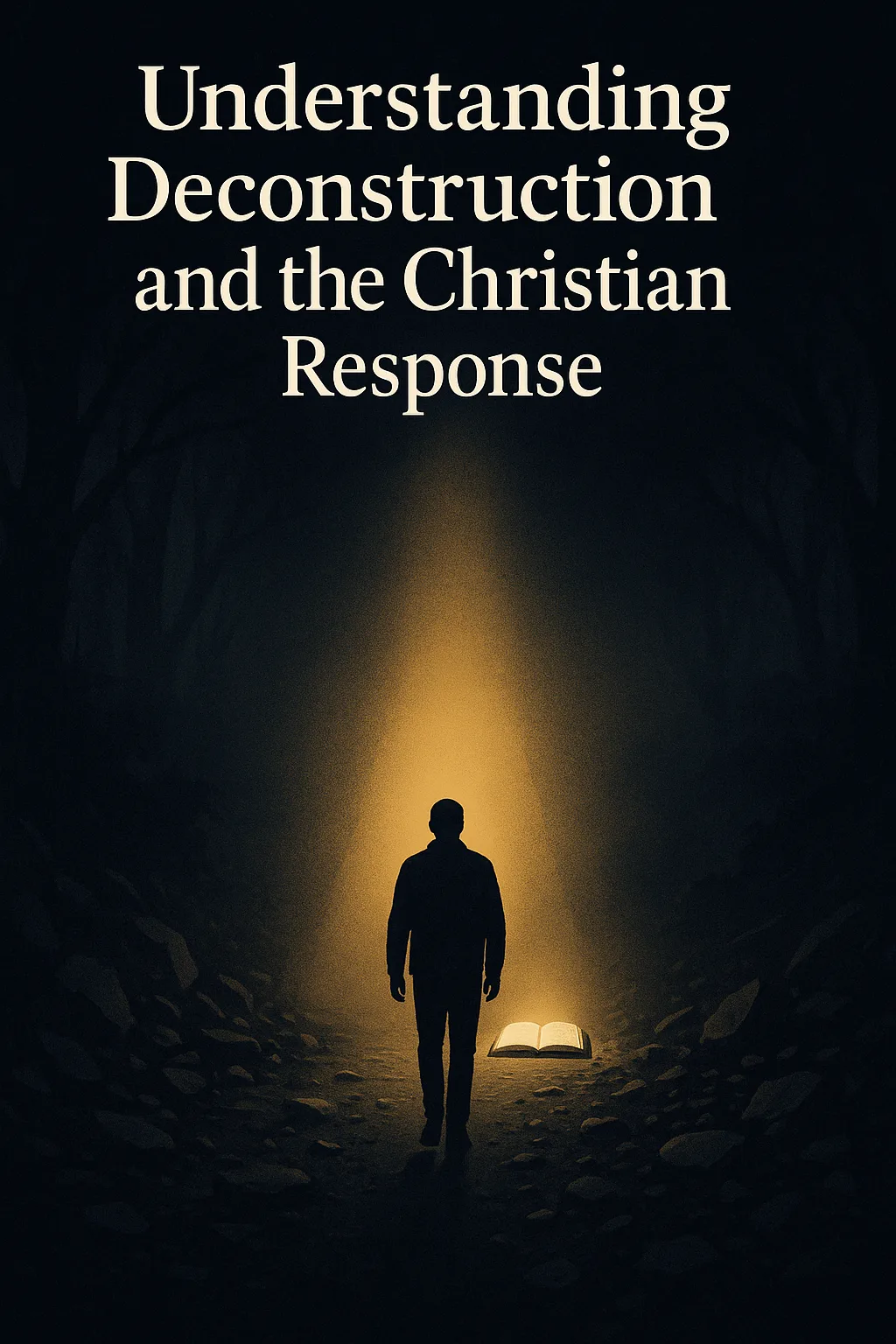 Silhouette of a person walking on a dark path toward an open Bible glowing with golden light, symbolizing hope and truth in Christ through deconstruction and doubt.