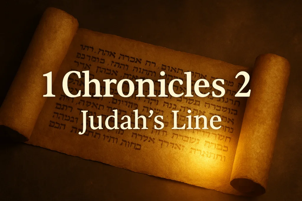 Ancient scroll glowing with golden light, symbolizing Judah’s genealogy pointing to Christ, the Lion of Judah.