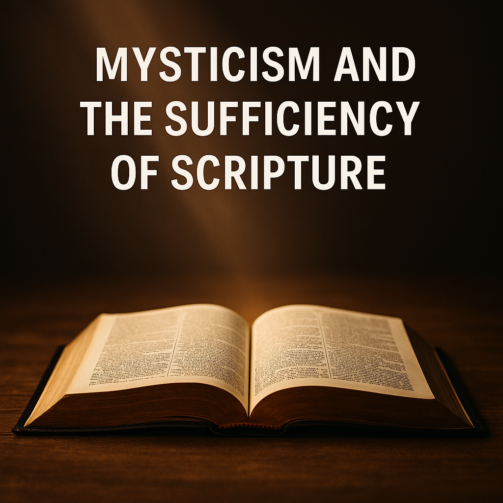 Open Bible on a wooden table with warm golden light shining down, symbolizing the sufficiency of Scripture over mysticism.