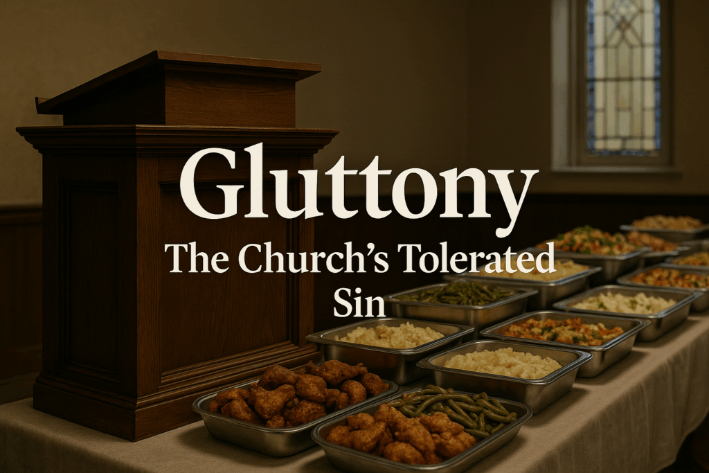 Pastor looking in mirror with reflection holding a plate of food, symbolizing gluttony clouding witness.