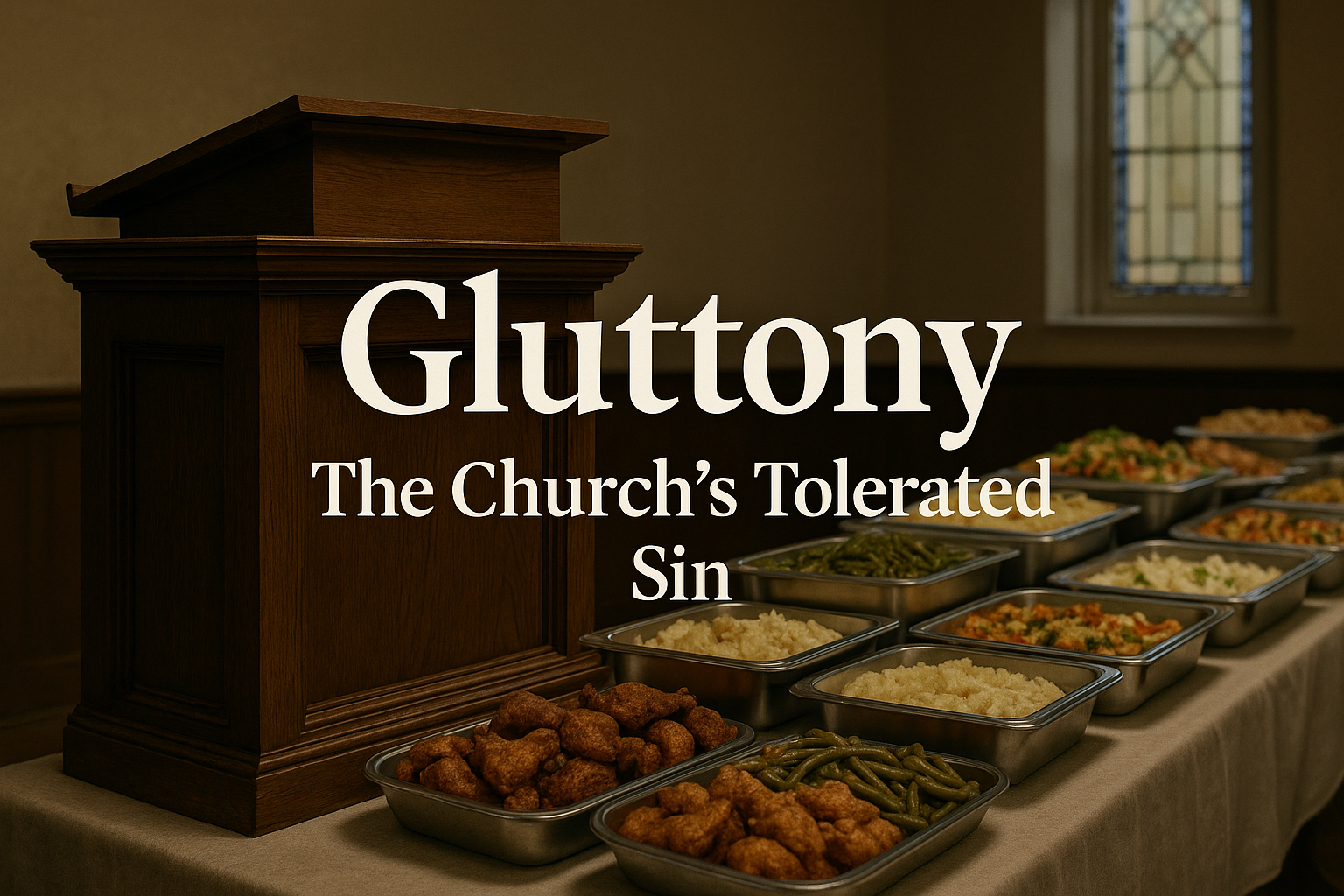 Pastor looking in mirror with reflection holding a plate of food, symbolizing gluttony clouding witness.