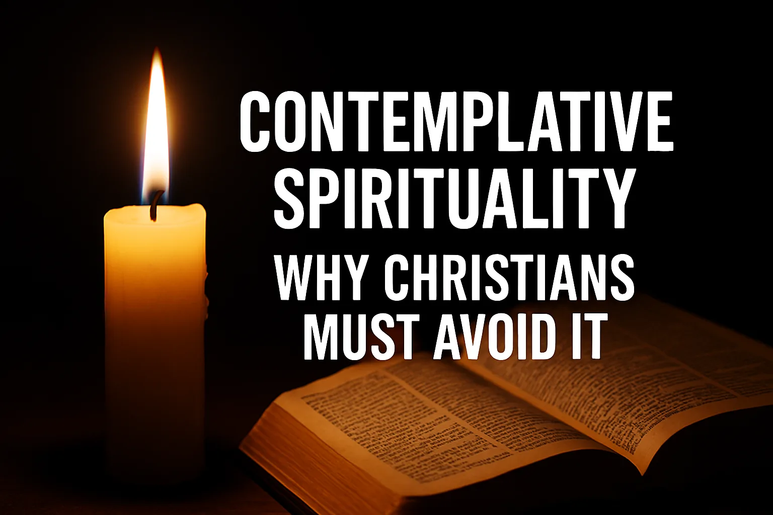 A split image with a glowing candle on the left and an open Bible on the right, overlaid with bold text reading “Contemplative Spirituality – Why Christians Must Avoid It,” symbolizing the contrast between mystical practices and biblical truth.