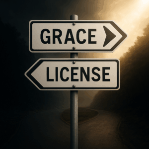 Road sign showing “Grace” pointing toward light and “License” pointing into darkness, symbolizing the choice between true grace and hyper-grace distortion.