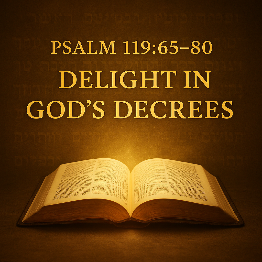 Open Bible glowing with golden light, symbolizing Psalm 119:65–80 and delight in God’s decrees, even in affliction.