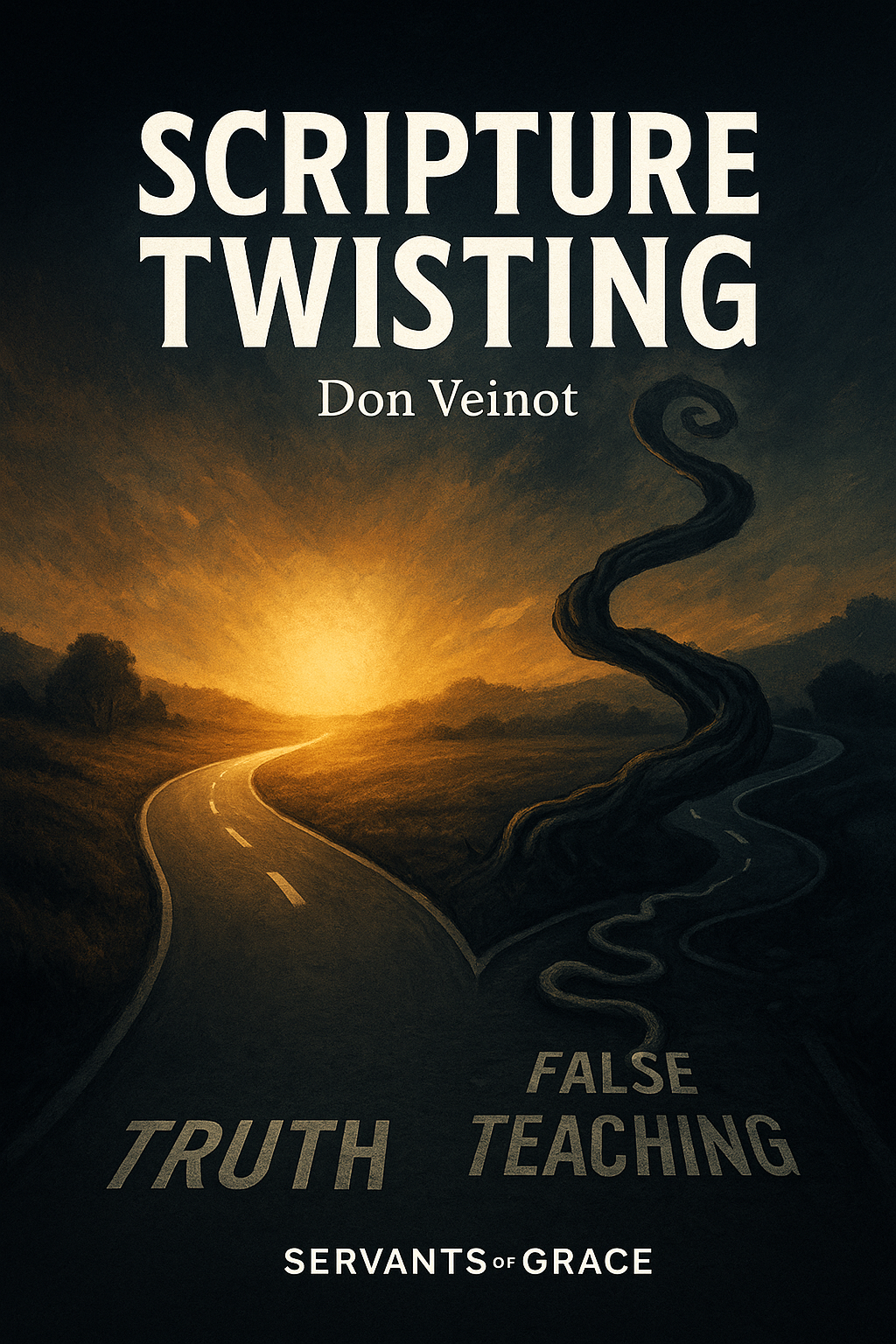 Forked road with golden light illuminating the straight path marked “Truth” and a dark twisted road marked “False Teaching,” symbolizing the contrast between rightly handling Scripture and twisting it.