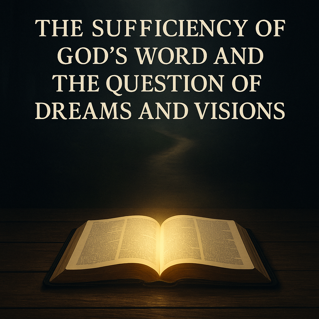 Open Bible glowing with golden light, illuminating a narrow path into darkness, symbolizing Psalm 119:105 and the sufficiency of God’s Word over extra-biblical dreams and visions.