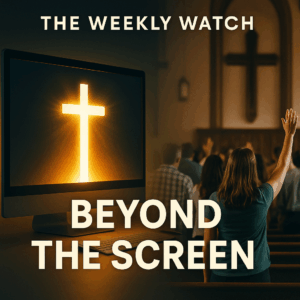 Glowing cross breaking out of a digital screen, symbolizing true worship beyond technology.