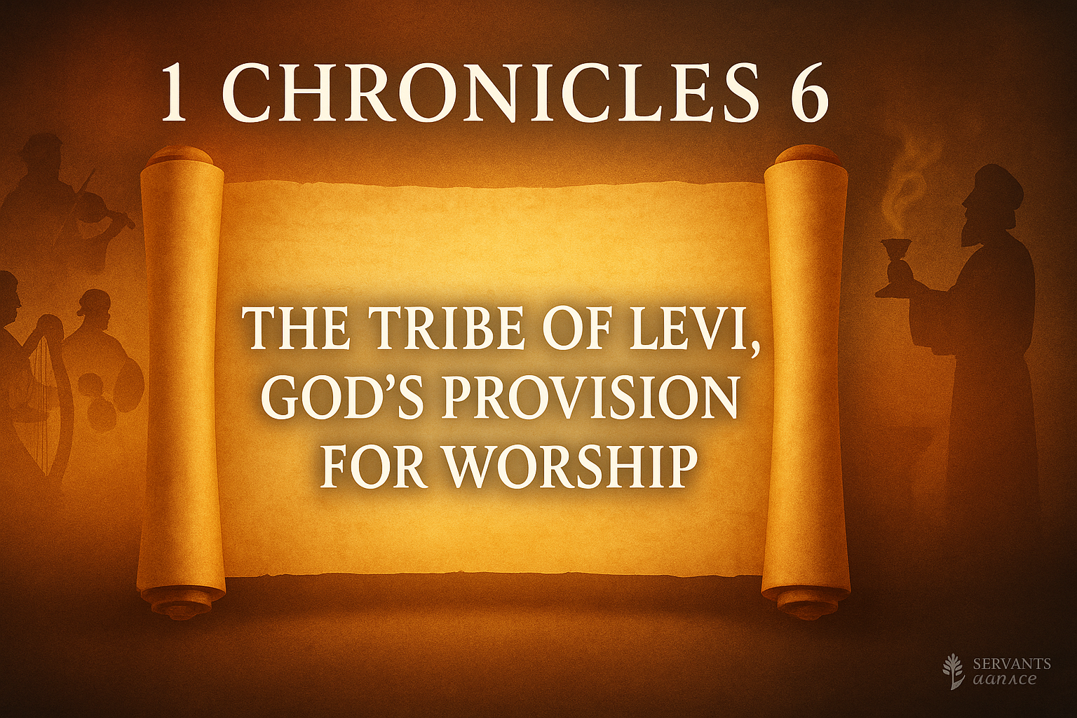 Glowing scroll with Levite musicians and priestly service, symbolizing God’s provision for worship in 1 Chronicles 6 and Christ as our Great High Priest.