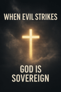 Glowing golden cross breaking through dark storm clouds with faint blurred newspaper headlines in the background, symbolizing God’s sovereignty shining through tragedy and offering hope in Christ.